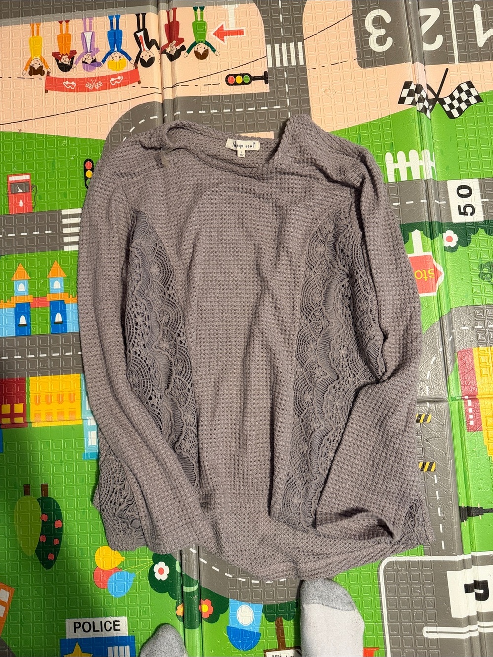 day Gray Lace-Panel Waffle Knit Long Sleeve Top